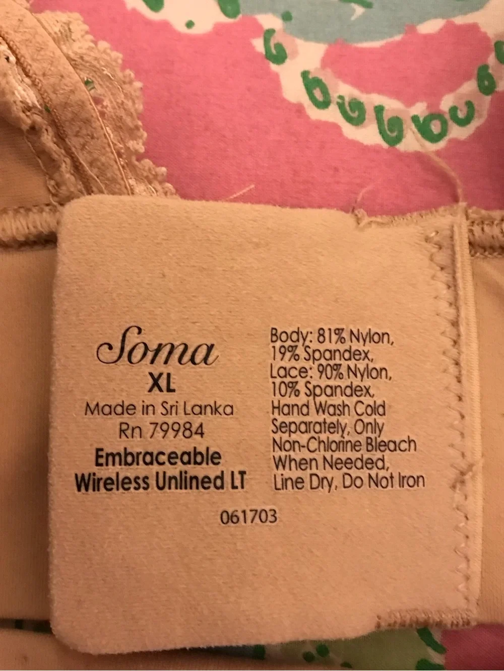 Soma Beige Tan Lace Trim Embraceable Unlined Wireless LT Bra size XL